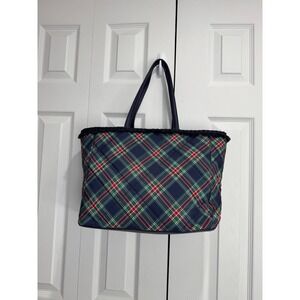 Talbots Tartan Plaid Tote Bag Women's Blue Green Zipper Fashion Handbag Purse